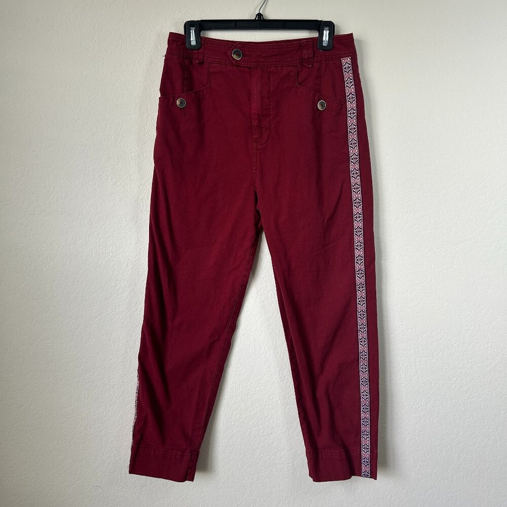 Anthropologie Pants Womens 6 Red Embroidered Side Stripe Casual Boho Trousers